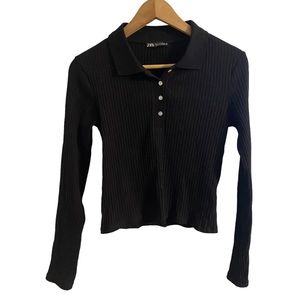 Zara black ribbed polo shirt collared long sleeve with buttons Small